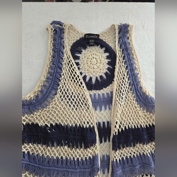 Frazzle Boho Crochet Fringe Vest Open Knit Navy Cream Purple Festival Sz S - Picture 5 of 8